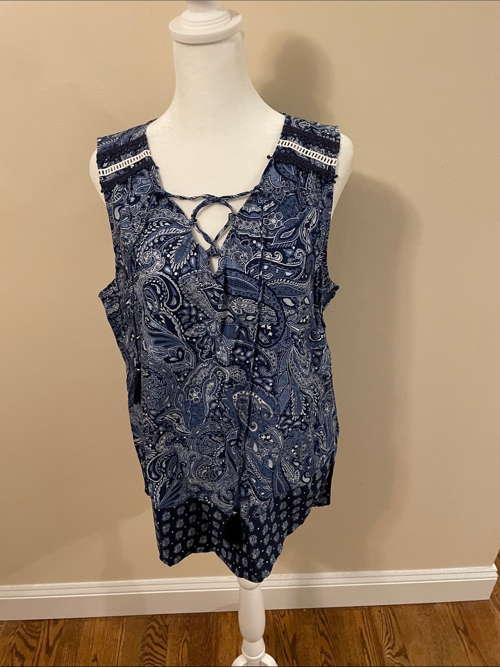 Westport Navy Paisley Lace-Up Tank Top